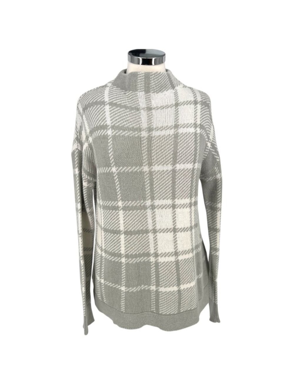 Soft Surrounding Plaid Mock Neck Sweater Gray White Size XS Minimalist Casual